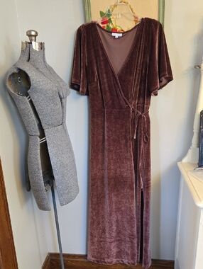 Baltic Born Brown Velvet Flutter Sleeve Wrap Maxi Dress